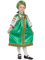 Русский народный костюм "Василиса" детский атласный зеленый сарафан и блузка