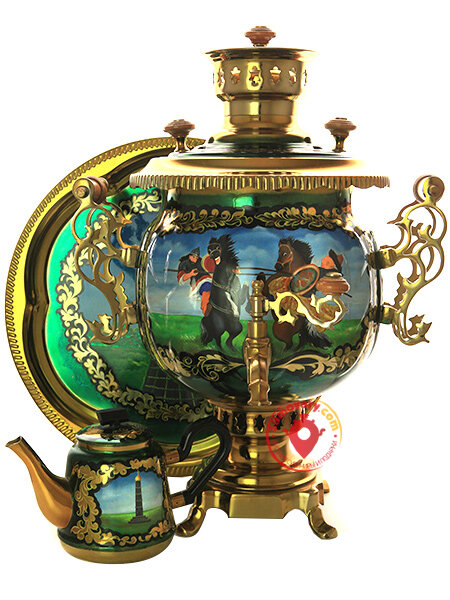 Комбинированный самовар 4,5 л с росписью "Куликовская битва" в наборе с подносом и чайником