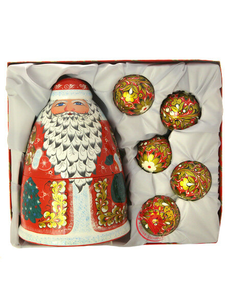 Новогодний набор "Дед Мороз и 5 шаров" Хохлома