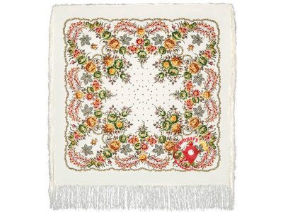 Павлопосадский шерстяной платок с шелковой бахромой «Ягодка», рисунок 1425-2